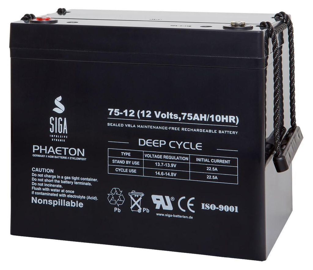 AGM Akku 12V 75Ah, wartungsfrei, 10 Jahre Lebensdauer, zyklenfest, 260x169x210mm