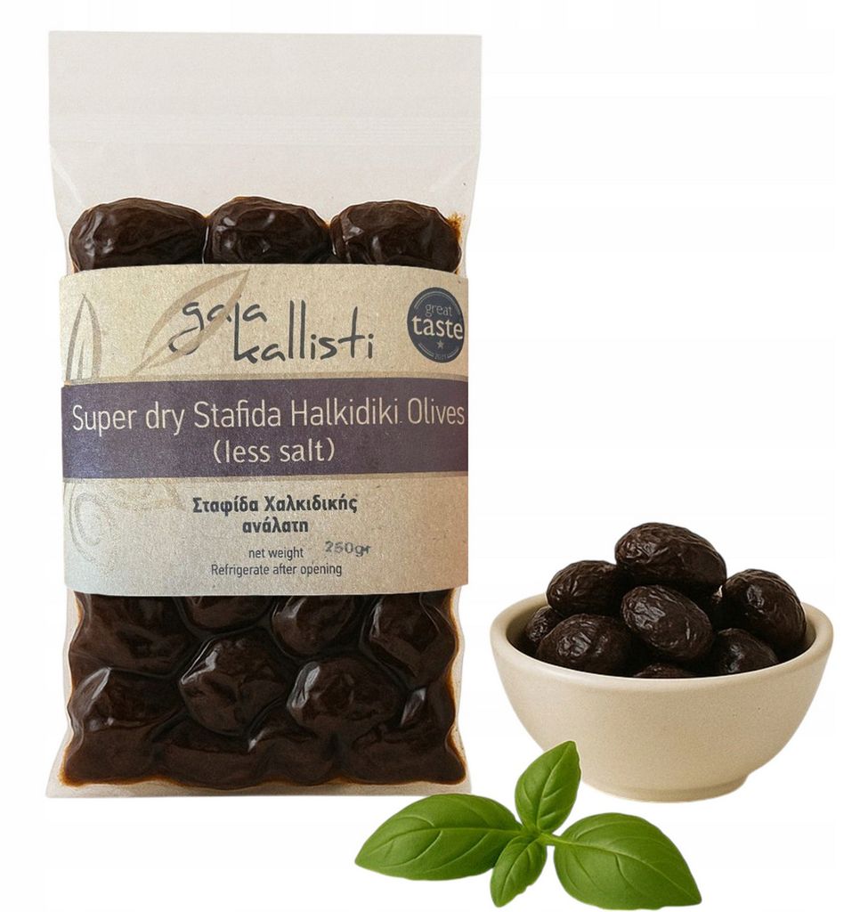 Gaia Kallisti Schwarze Oliven mit Kern 250 g – Getrocknete Halkidiki-Oliven aus Griechenland