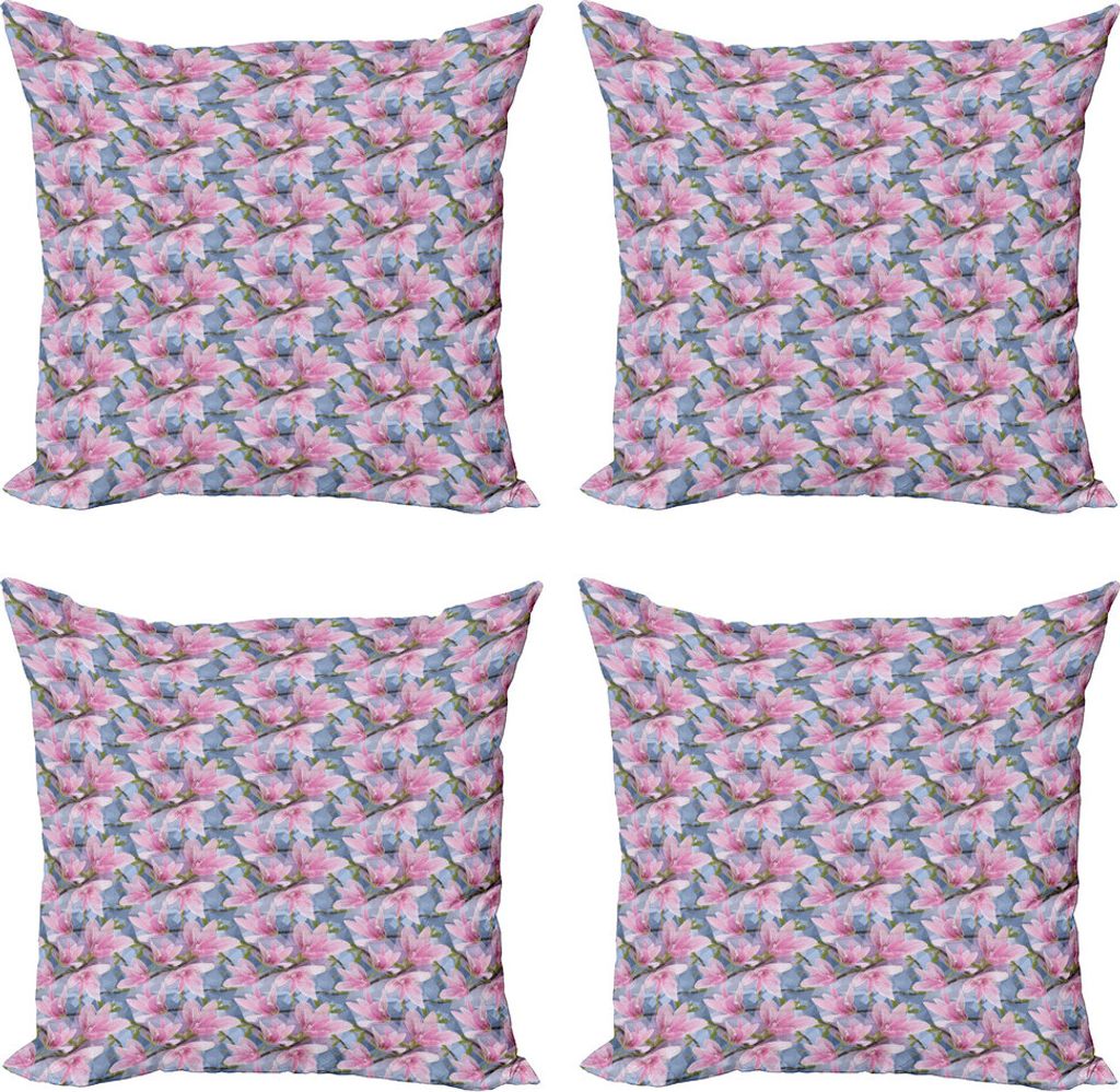 ABAKUHAUS Magnolie Kissenbezug Set (4 Stück), Low Poly Nature Scene, Moderner Doppelseitiger Digitaldruck, 50 cm x 50 cm, Blaugrau Rosa und Grün