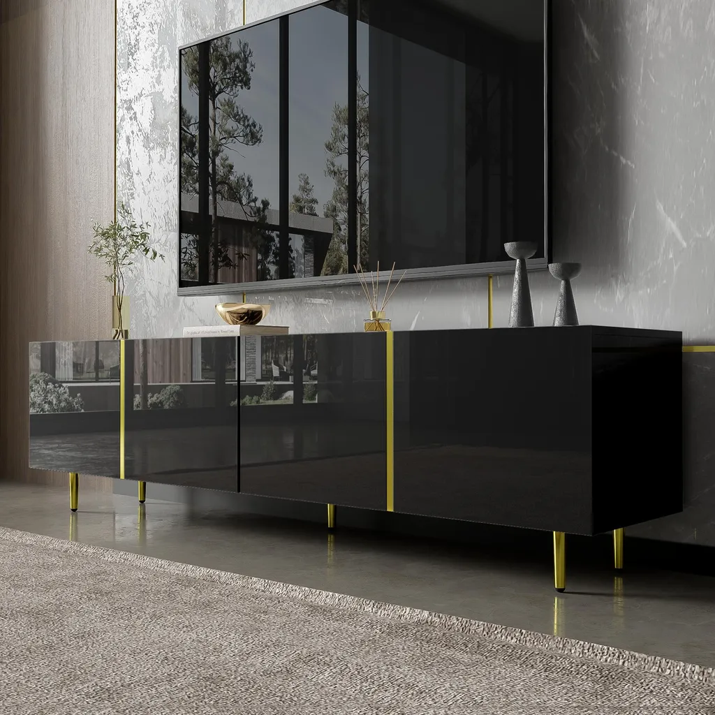 Banc TV moderne de 170 cm en MDF noir et doré, buffet bas de salon