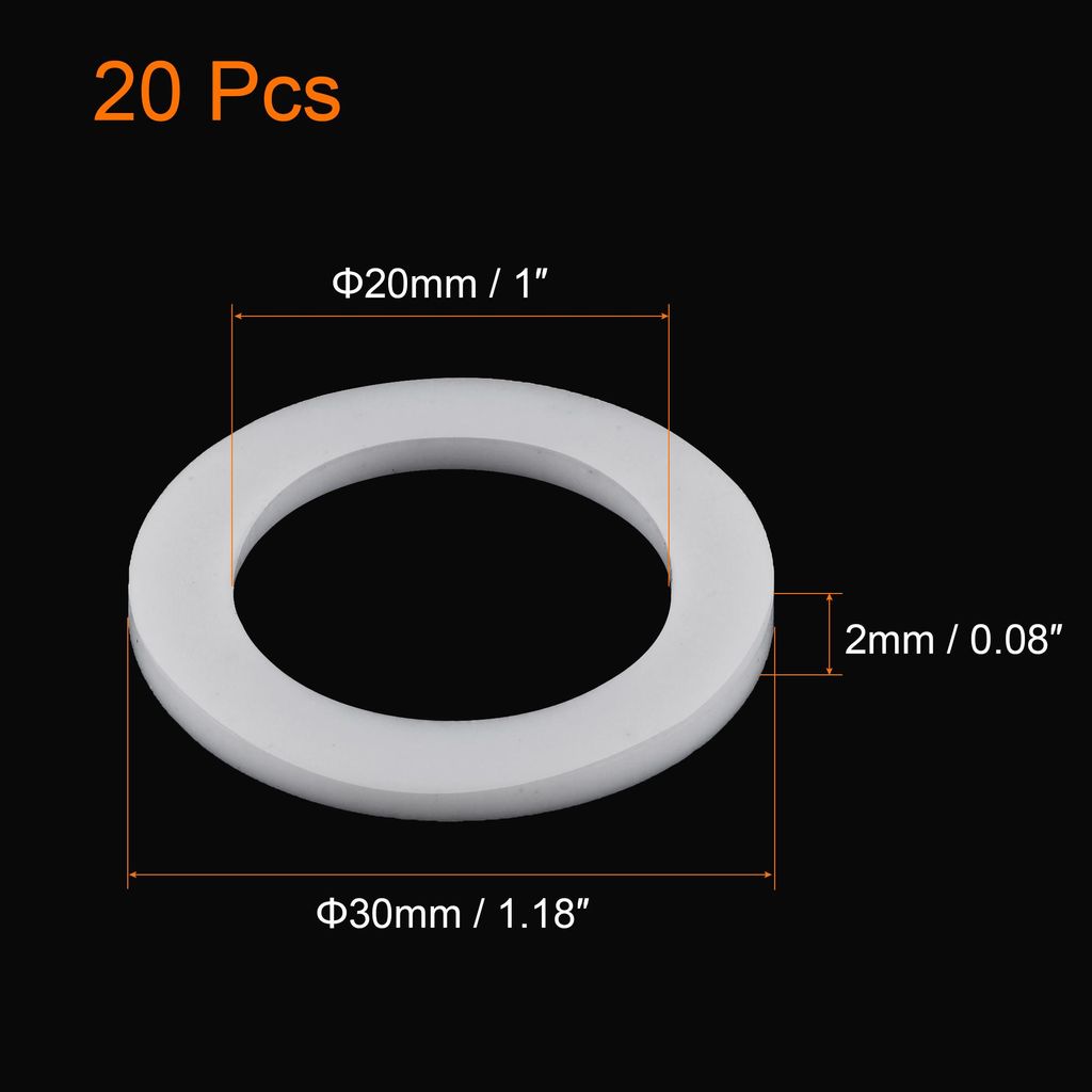 20 Stš¹ck PTFE Flachdichtung 30mm AD 20mm ID 2mm dick Flanschdichtung wei?