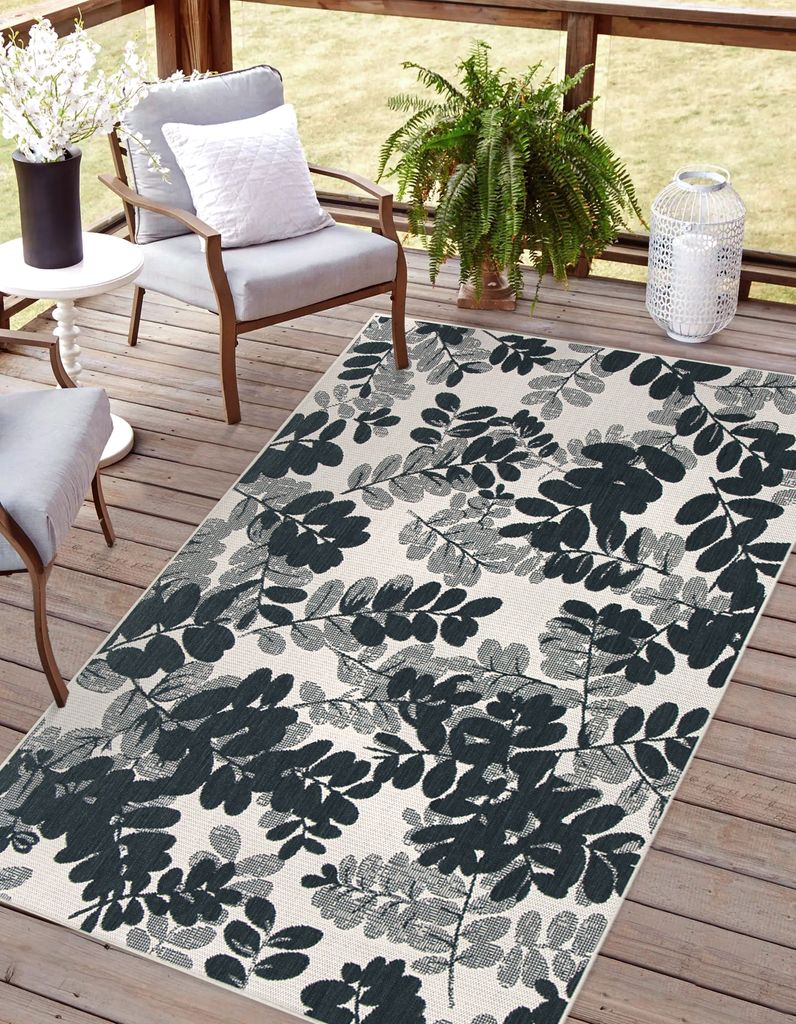 In- und Outdoor Teppich wetterfest, wasserfest Teppich für Terrasse, Balkon, Garten, Innenräume, IVY, Schwarz-Beige in 120 x 170 cm