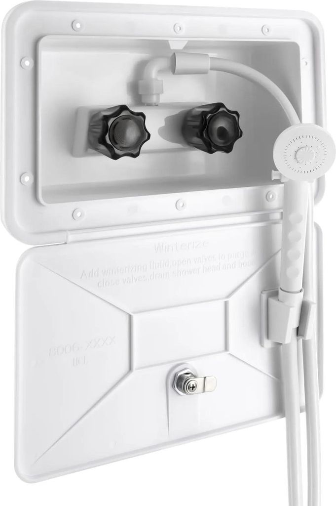 Duschbox-Set für Wohnmobil/Wohnwagen & Boot, Weiß, abschließbare Klappe, Wasserhahn, Schlauch & Duschkopf, Warm/Kalt-Umschaltung