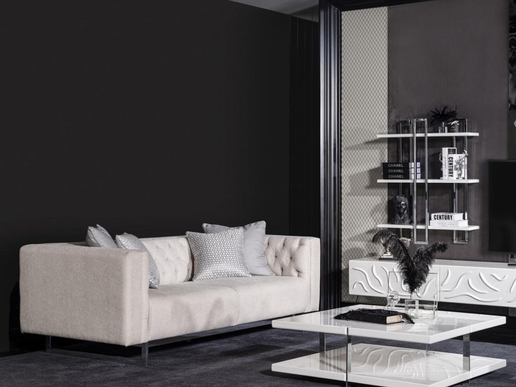 Beige Holz Textil Sofa und Couchtisch Set modern