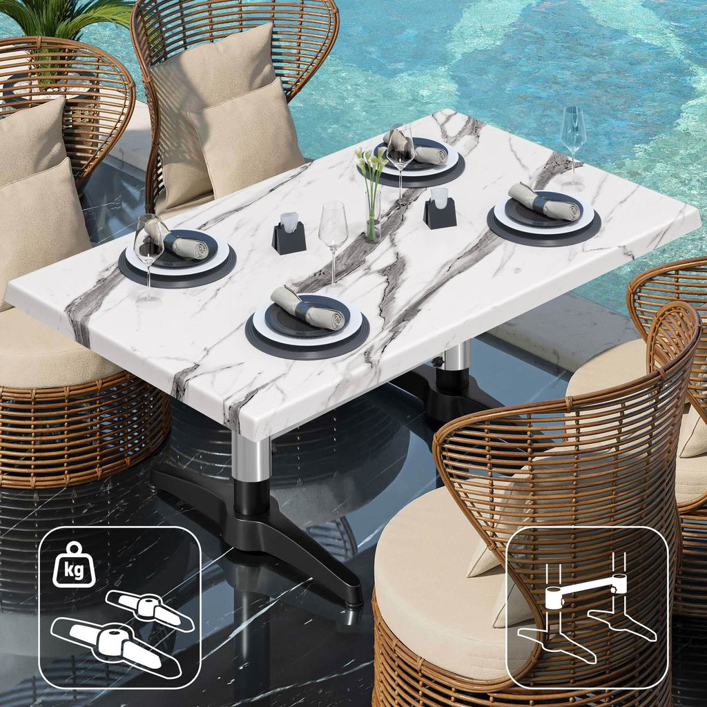 WBC | Jamaika Loungetisch | B: T: H: 120 x 70 x 40 cm | Weiß Marmor / Schwarz | Zusatzgewicht + Verbinder | Bistro Loungetisch Gastro Tisch