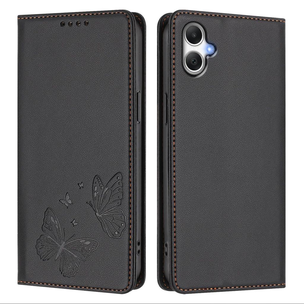Lederhülle für Samsung Galaxy A07 5G/4G, Schmetterling Prägung Leder Brieftasche Schutzhülle mit Ständer Schwarz