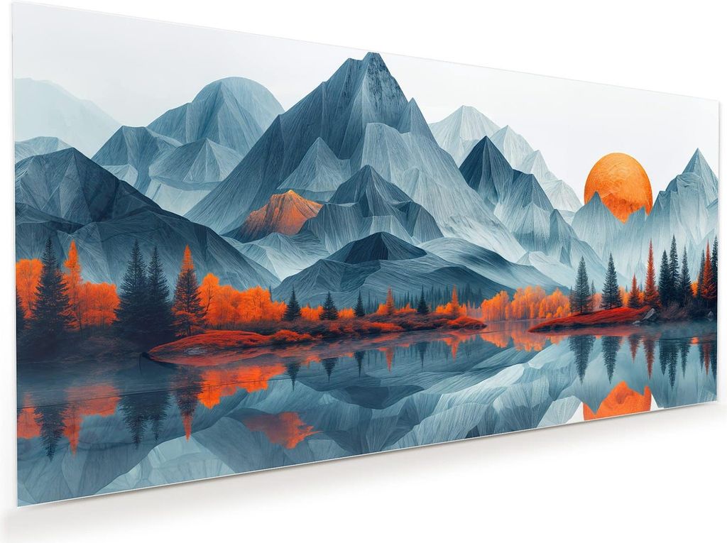 Glasbild 110x55cm in XXL für Wohnzimmer, Schlafzimmer Motiv Berge Mit Spiegelung