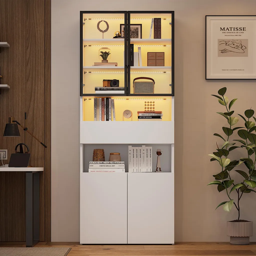 Vaisselier Moderne Blanc avec Vitrine et Bibliothèque à LED Intégrée