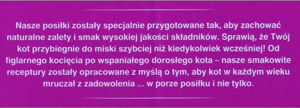A purple background with white text describing the benefits of a cat food product.
