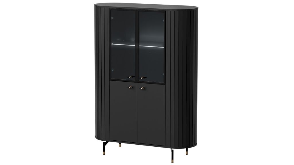 MINIO go for it, hohe Vitrine „ZAMA“ 155 / 112,3 / 40 cm, mit Glastüren, mit LED-Beleuchtung, dekorative abgerundete Seiten, Schwarze Farbe