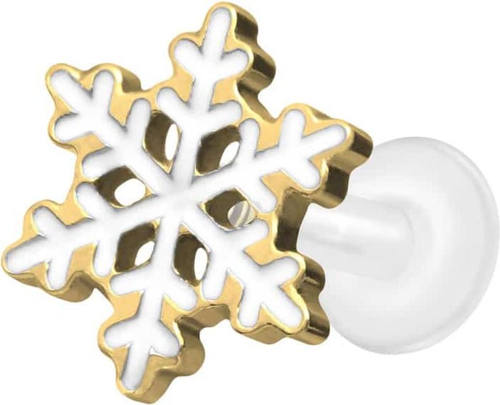 Ohrpiercing, Nasenpiercing PTFE Labret mit Innengewinde + Titan-Aufsatz SCHNEEFLOCKE Gold Stablänge: 7mm | Stabstärke: 1,6mm