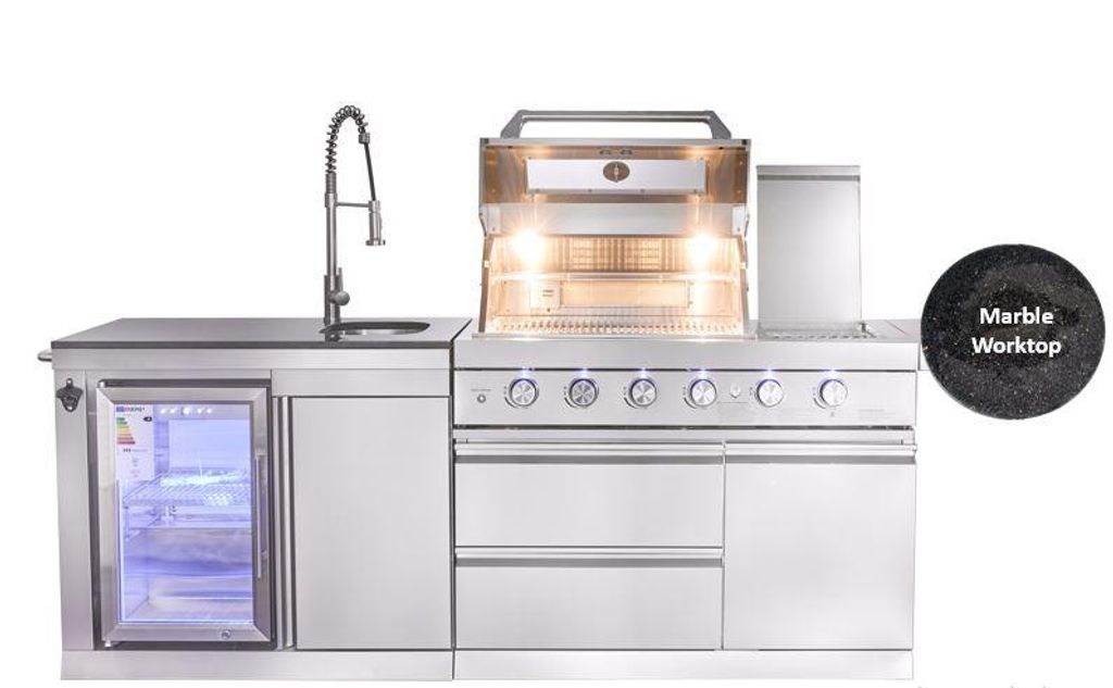 An outdoor kitchen unit with a gas grill, sink, faucet, and refrigerator, presented on a white background.