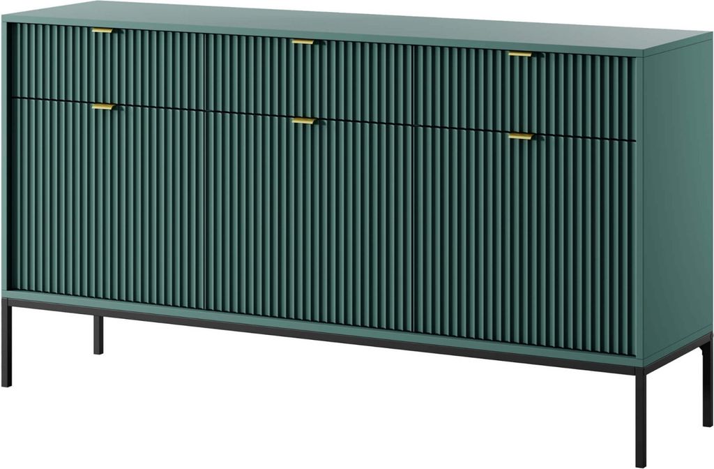 A studio shot of a blue-green sideboard with black legs.