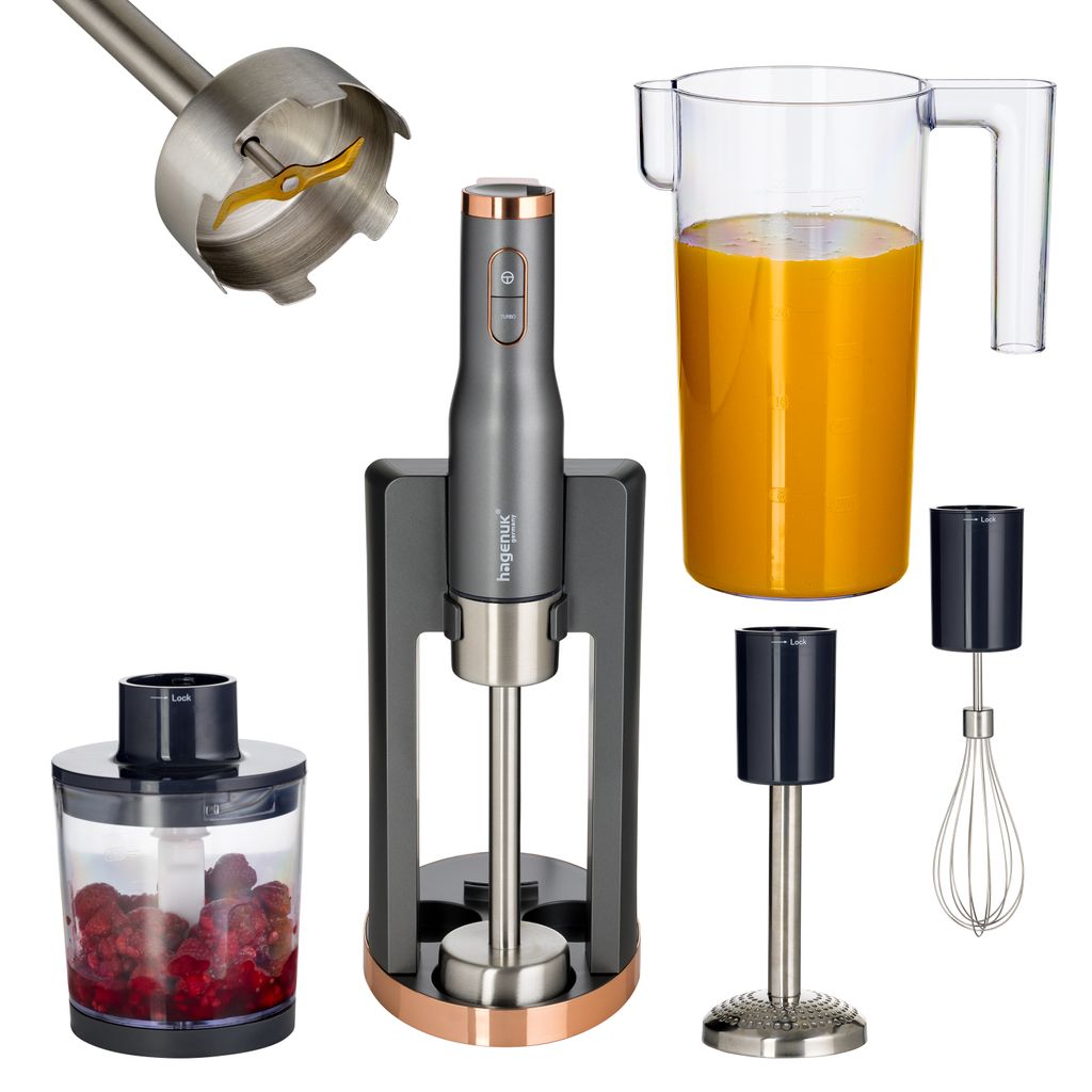 A collection of kitchen appliances, including a hand blender, its accessories, and a pitcher of orange juice, arranged on a white background.