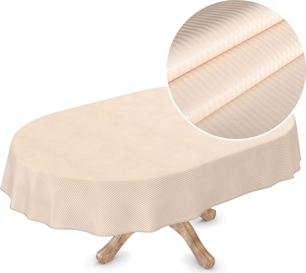 Tischdecke Wachstuch Premium Gestreift Beige Robust Wasserabweisend Oval Breite 155 cm Länge 240 cm