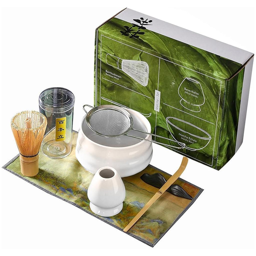 Matcha Teeschale Set,Japanisches Teezubehör mit Bambusbesen, Löffel, Chasenhalter und Sieb,Geschenkbox,Hellrosa