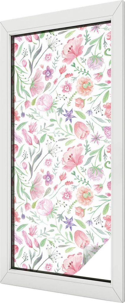 Buntglas Fensterfolie – 116x50 cm – Stained-Glass Design – blickdichte dekorative Sichtschutzfolie – selbstklebend, UV-Schutz – Blumenmuster