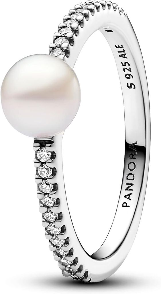 Pandora Ring Größe 56 mit Zuchtperle und Pavé-Design, Silber Weiß, eleganter Schmuck