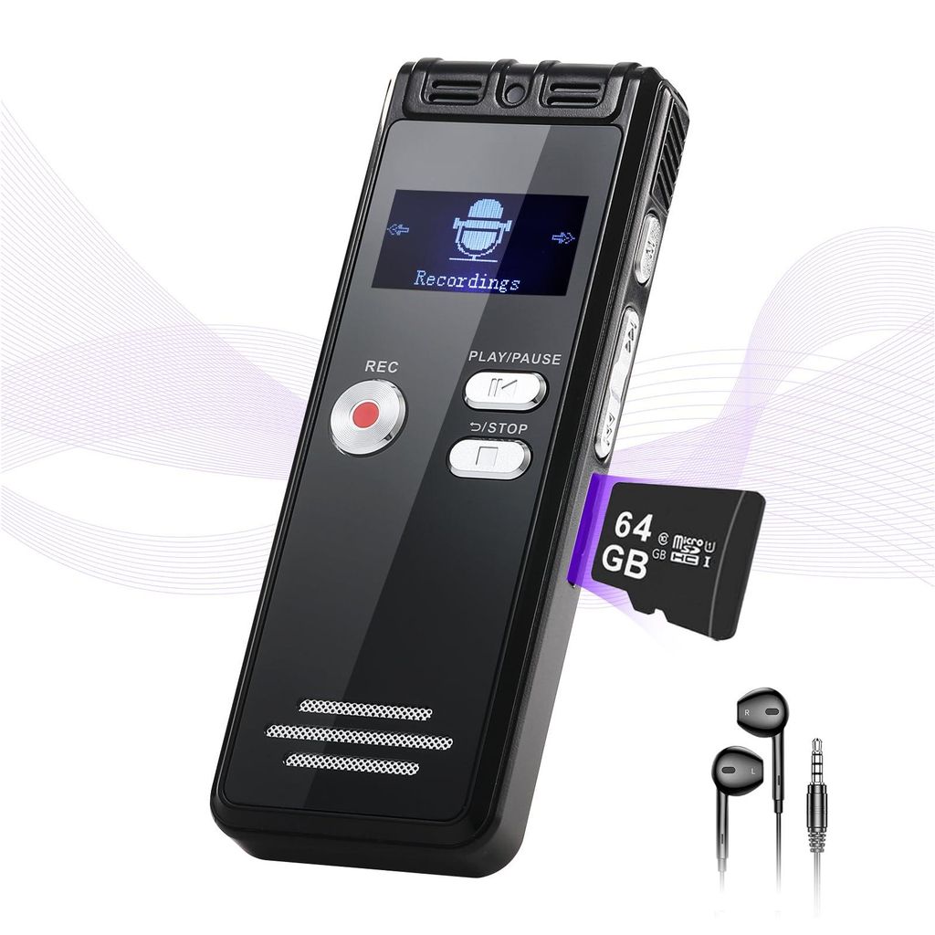 Digitales Diktiergerät 64GB,Tragbarer Audiorekorder mit MP3-Player & TF-Kartenslot,HD-Aufnahme (1536Kbps), Integrierter Lautsprecher & 20 Std. Akk...