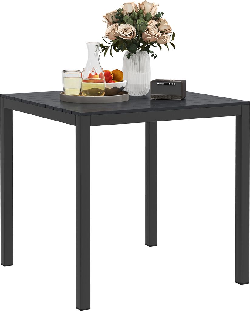 Outsunny Gartentisch Aluminium 73x73 cm Wetterfest Buffettisch mit Holzoptik, Campingtisch für 4 Personen rutschfest Outdoor Esstisch Schwarz
