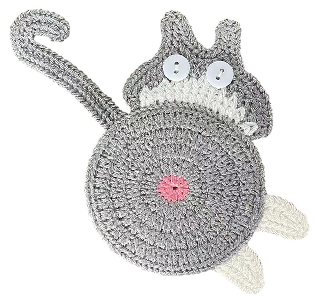 Gehäkelter Katzen-Untersetzer in Katzenform, ideal für Zuhause, Büro oder als Tischdekoration. Lustiges Geschenk für Frauen, Mütter, Freundinn...