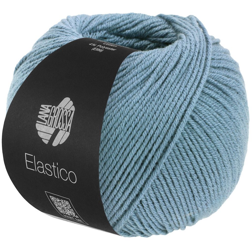 A ball of blue yarn with a black label.