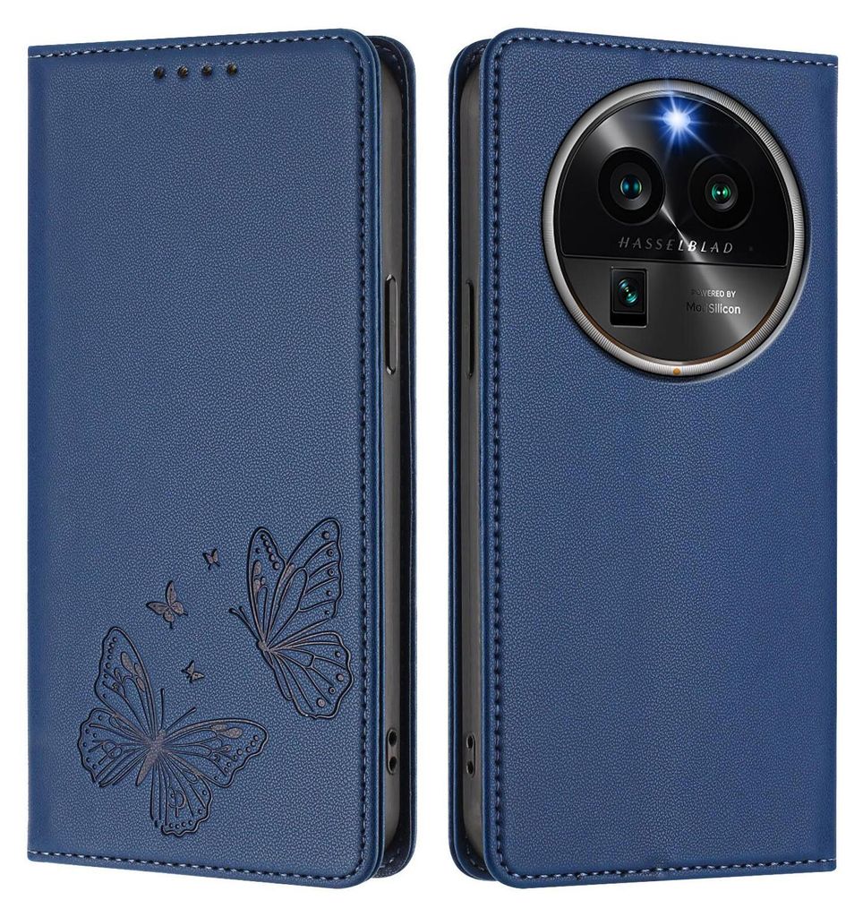 Lederhülle für Oppo Find X6 Pro, Schmetterling Prägung Leder Brieftasche Schutzhülle mit Ständer Dunkelblau