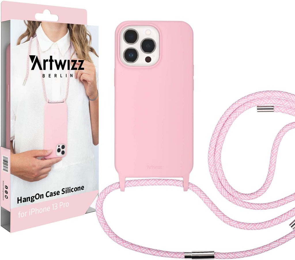 ARTWIZZ HangOn Case Silicone für iPhone 13 Pro - Schutzhülle aus Silikon zum Umhängen als Handykette, Light Salsa (Rosa)