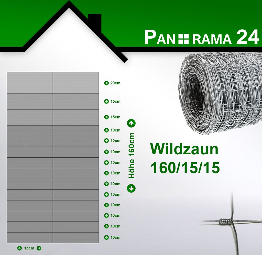 A marketing image for a wild fence (Wildzaun) showing a diagram of its structure and a roll of the fence.