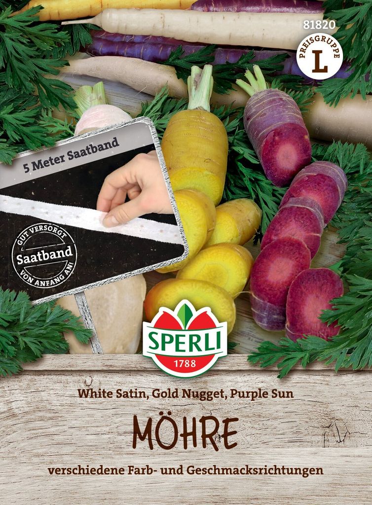 SPERLI Möhren Saatband Purple Sun Gold Nugget White Satin 5 lfd. Meter