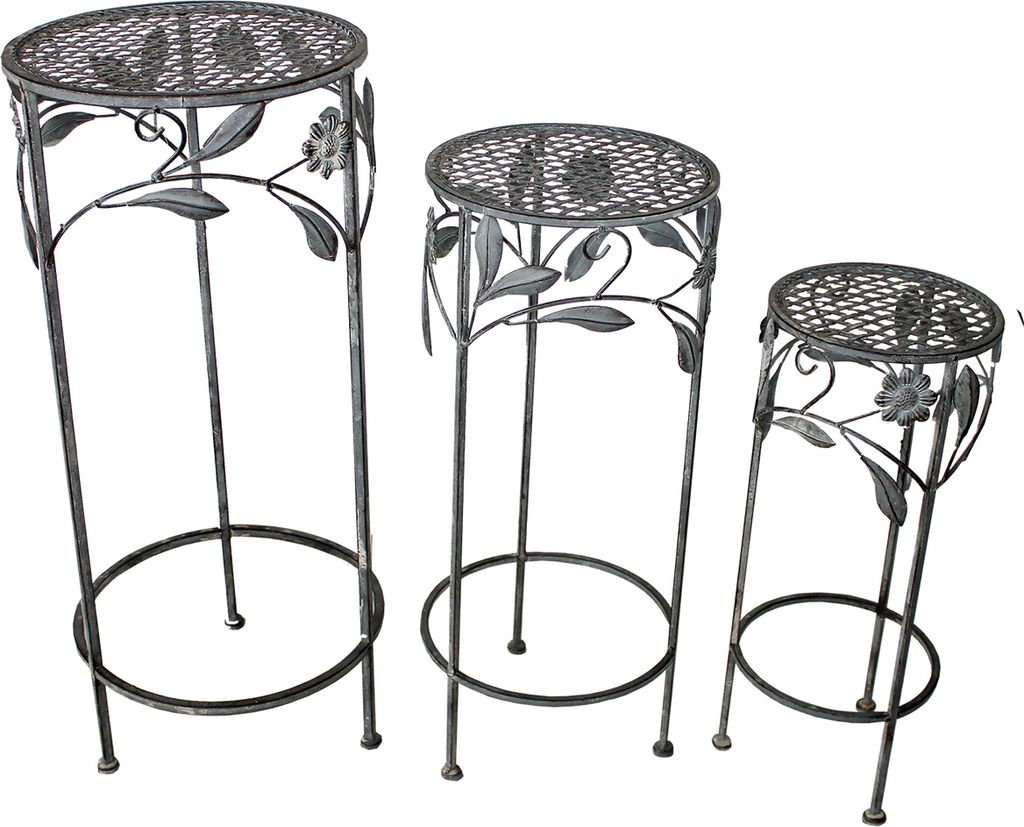 Hocker Set 3tlg. Gartendekoration Blumenhocker Eisenhocker Pflanzenständer Antik grau