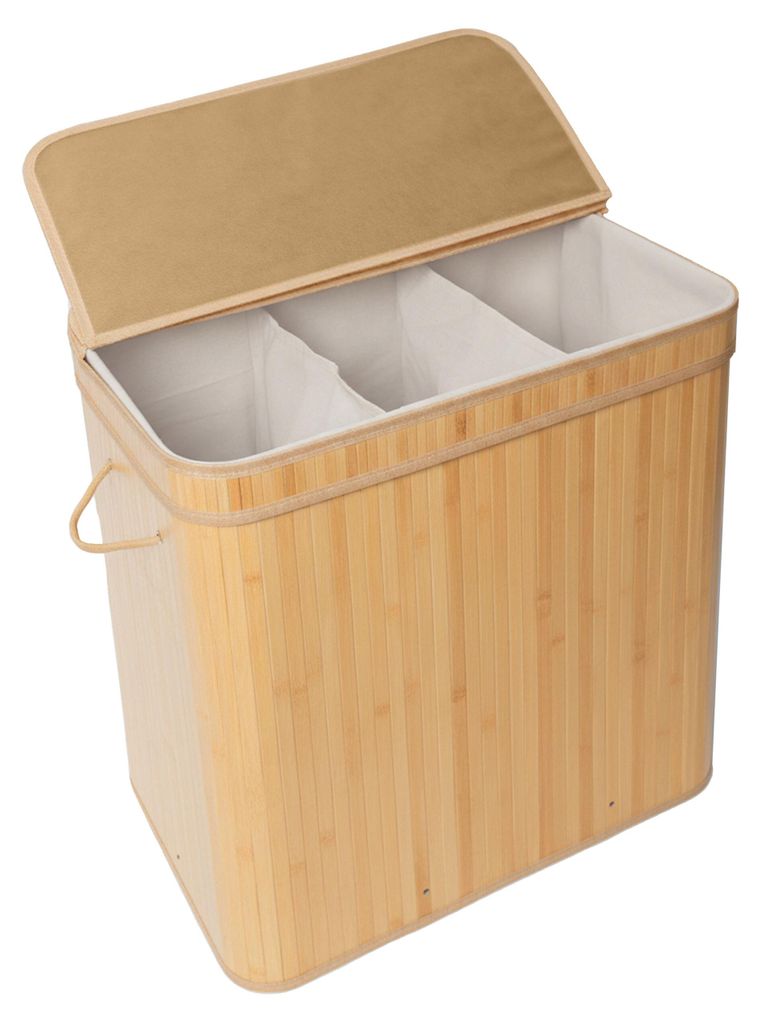 Relaxdays Wäschekorb mit Deckel, Bambus, 150 l, 3 Fächer, Produktbild 