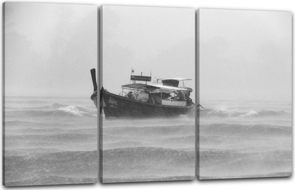Leinwandbild 3-teilig (120x80cm): Landschaftsbilder kleines Boot in heftiger Meeresströmung Gewitter, echter Holz-Keilrahmen inkl. Aufhänger, han...