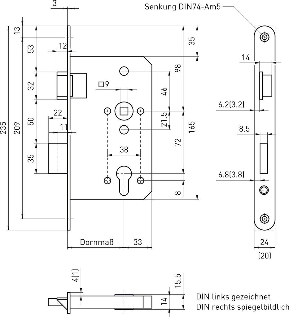BMH Fluchttürschloss 6013 1-flg. Funktion E/EN 1125, rechts, Edelstahl Stulp 24