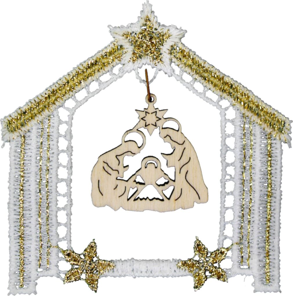Baumbehang Krippe 13 cm, 6 Stück, Spitze und erzgebirgische Holzkunst