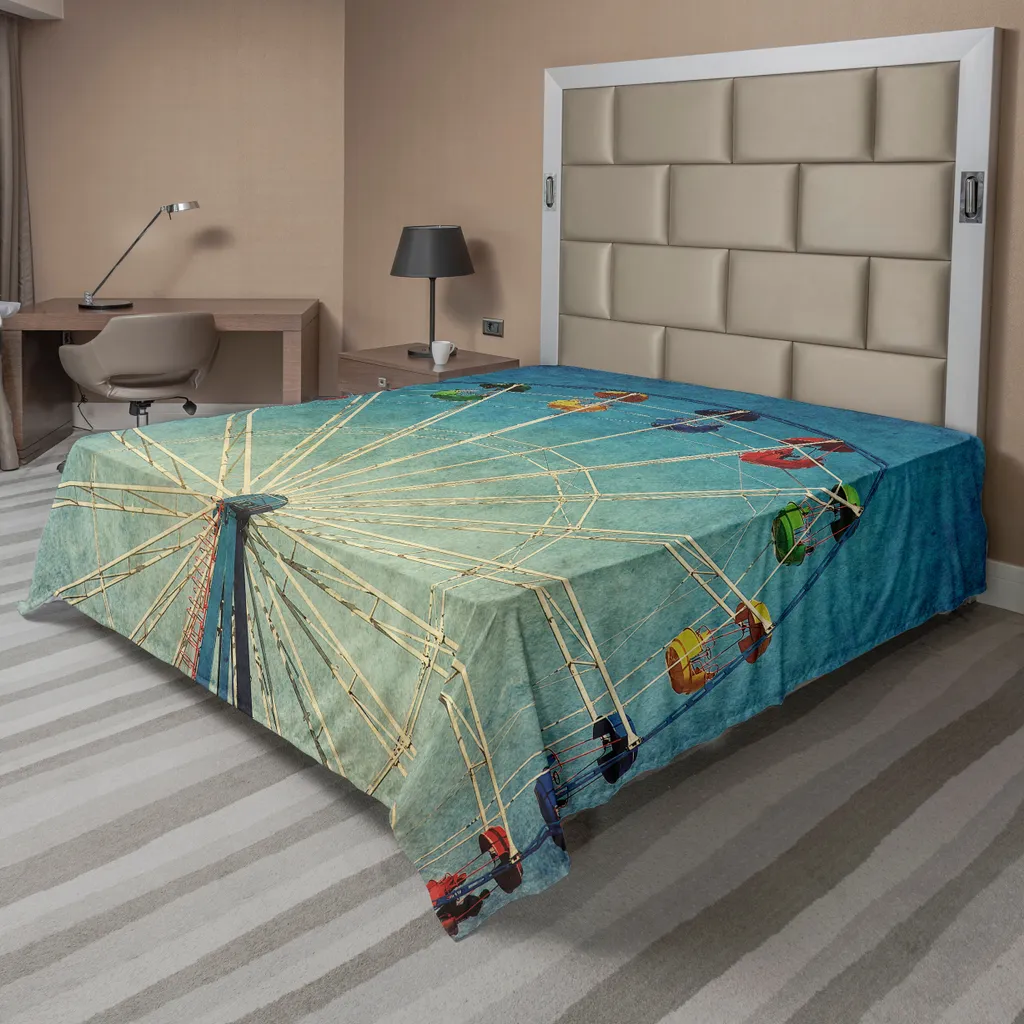 Drap de Lit Plat Décoratif Motif Fête Foraine Antique 266x260cm Bleu Doux