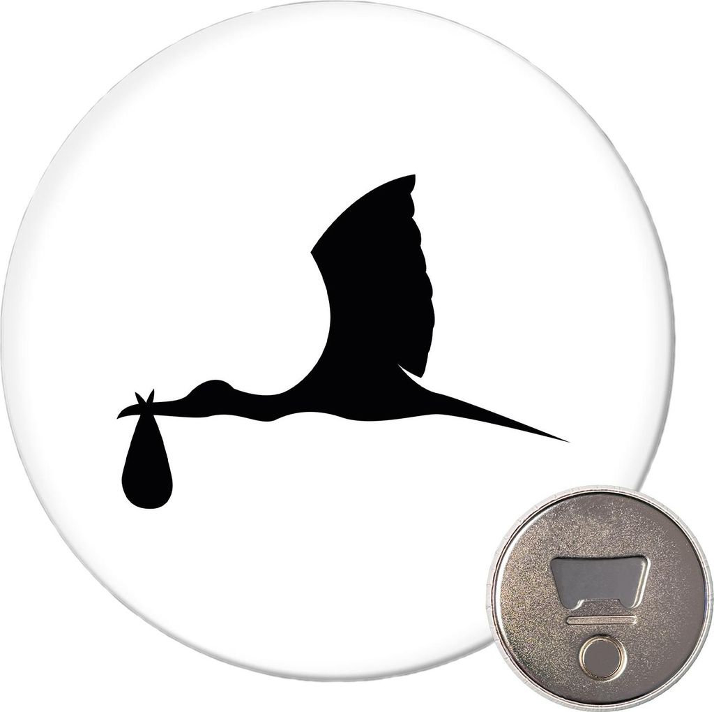 Huuraa Magnet Klapperstorch mit Baby Silhouette 59mm Kühlschrankmagnet rund Flaschenöffner Geschenkidee