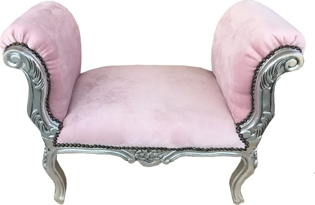 Petit banc baroque rose clair et argenté - Tabouret de luxe capitonné