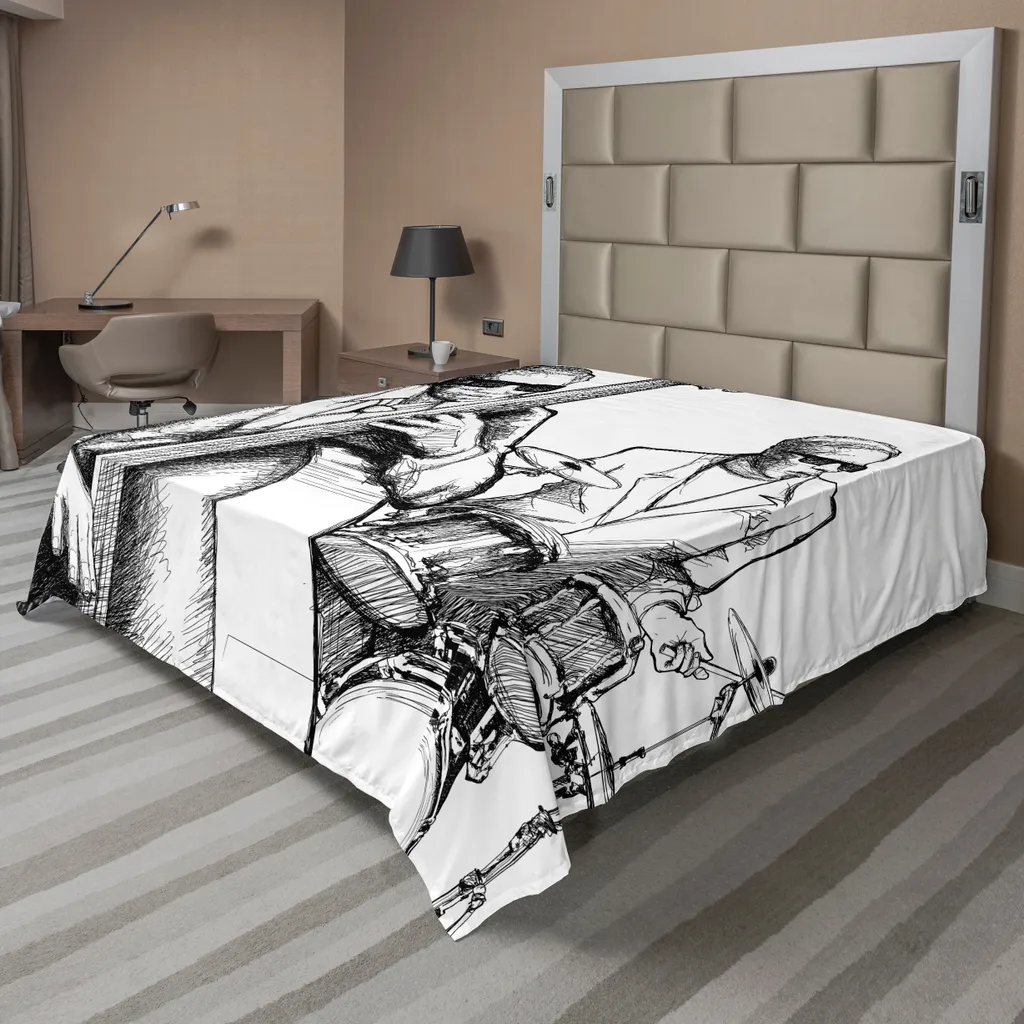 Drap de lit Jazz musicien batterie 275x260 cm en microfibre blanc et noir