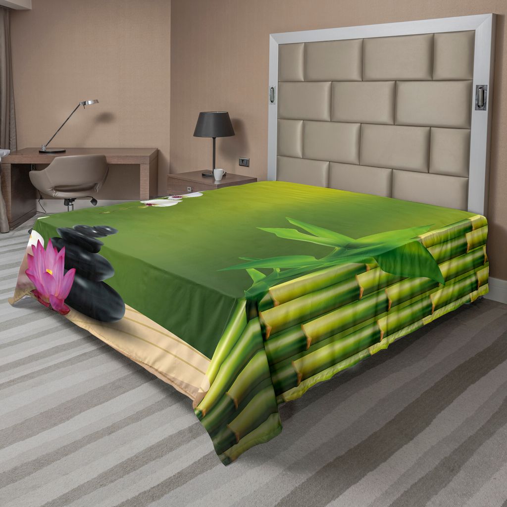 ABAKUHAUS Spa Bettlaken, Bambus Blumen Steinwachs Tisch Orchideen Felsen Gesundem Lebensstil Thema, weiches bequemes oberes Bettlaken für ein deko...
