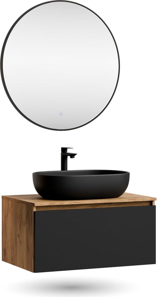 Planetmöbel ARISA Badmöbel Set Weiß Geriffelt – Mit Veluna LED Spiegel und weißem Keramik-Aufsatzwaschbecken 60 cm