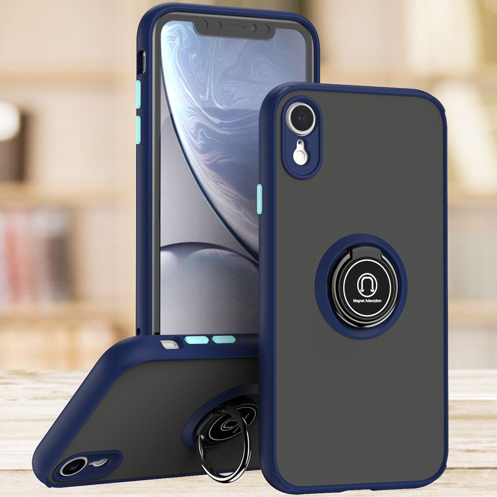iPhone XR Hülle, Ring Halter Ständer Matte Transluzent TPU Rahmen Stoßfest Schutzhülle für iPhone XR Blau