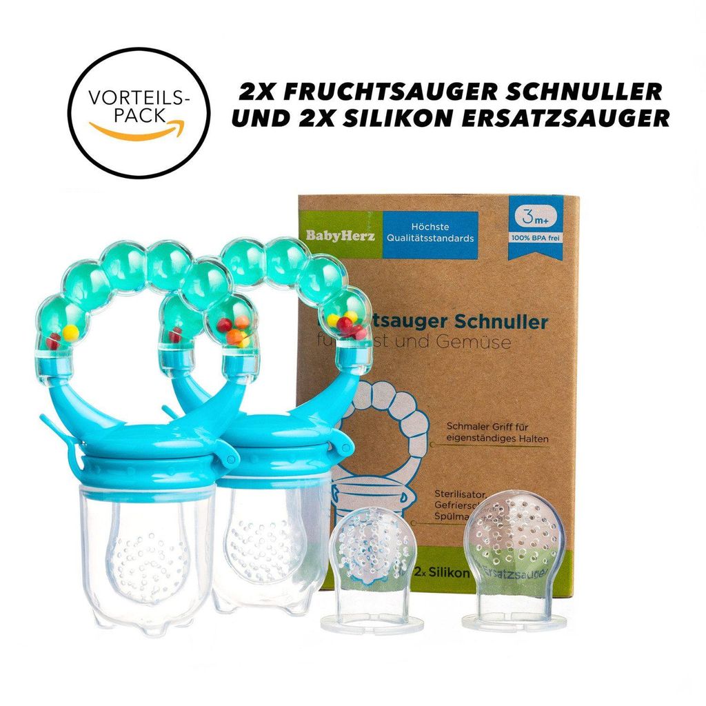 Baby Fruchtsauger Rasselschnuller 2er Set – BPA-freier Obstsauger & Gemüsesauger mit 2 Ersatzsaugern für Babys ab 3 Monate (Blau)