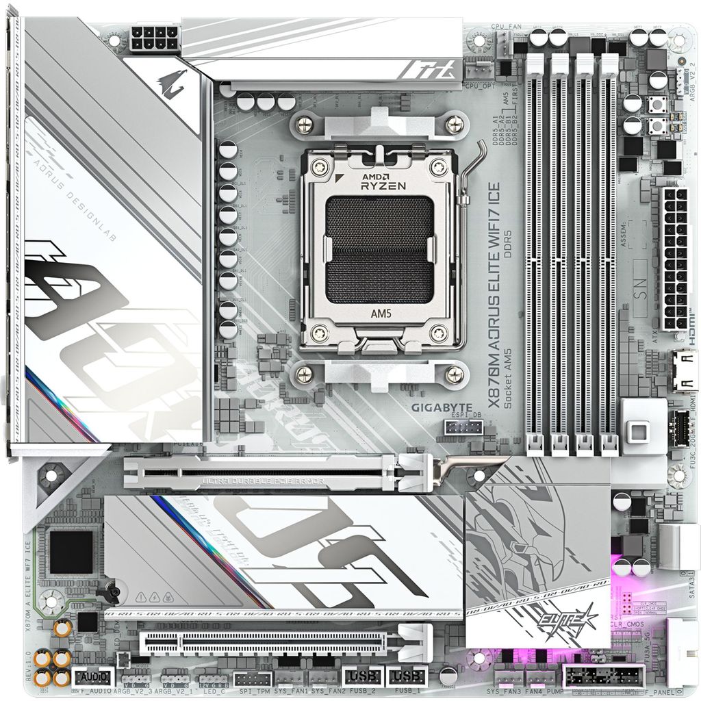 Gigabyte AORUS X870M ELITE WIFI7 ICE - Motherboard - micro ATX - Socket AM5 - AMD X870 Chipsatz - USB-C 3.2 Gen 2x2, USB 3.2 Gen 1, USB 3.2 Gen 2 -...