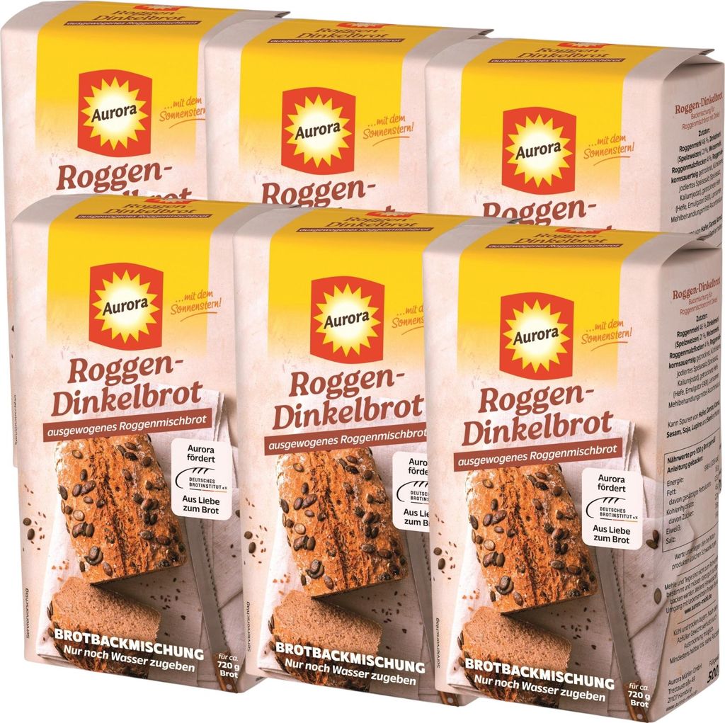 Aurora Roggendinkelbrot Backmischung 500g | Herzhaftes Brot einfach backen (6er Pack)