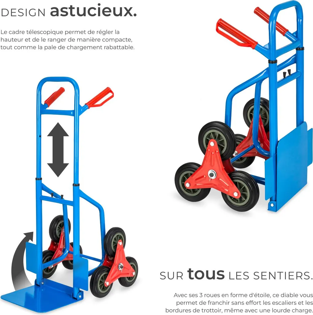 Diable monte escalier 200 kg bleu avec plateau pliable robuste T-85