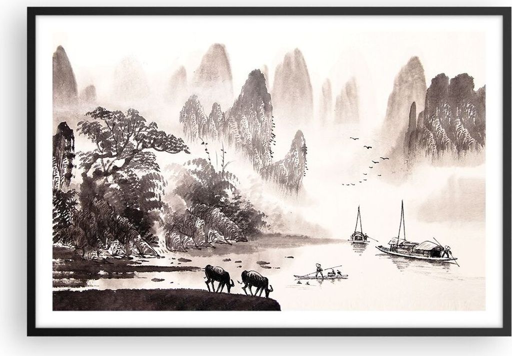 Gerahmtes Poster - Schwarzer Rahmen - Chinesisch Landschaft Aquarell - 91,5x61 cm - Wand Bild - Wanddeko - Wandbilder - Wandposter - Bilderrahmen -...