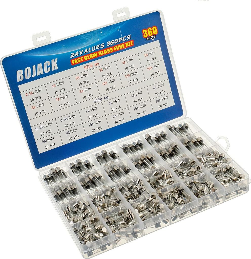 Glassicherungen im Set 250 V, 0,25–20 A, 360 Stück in durchsichtiger Box – Ideal für Heimwerker & Elektriker