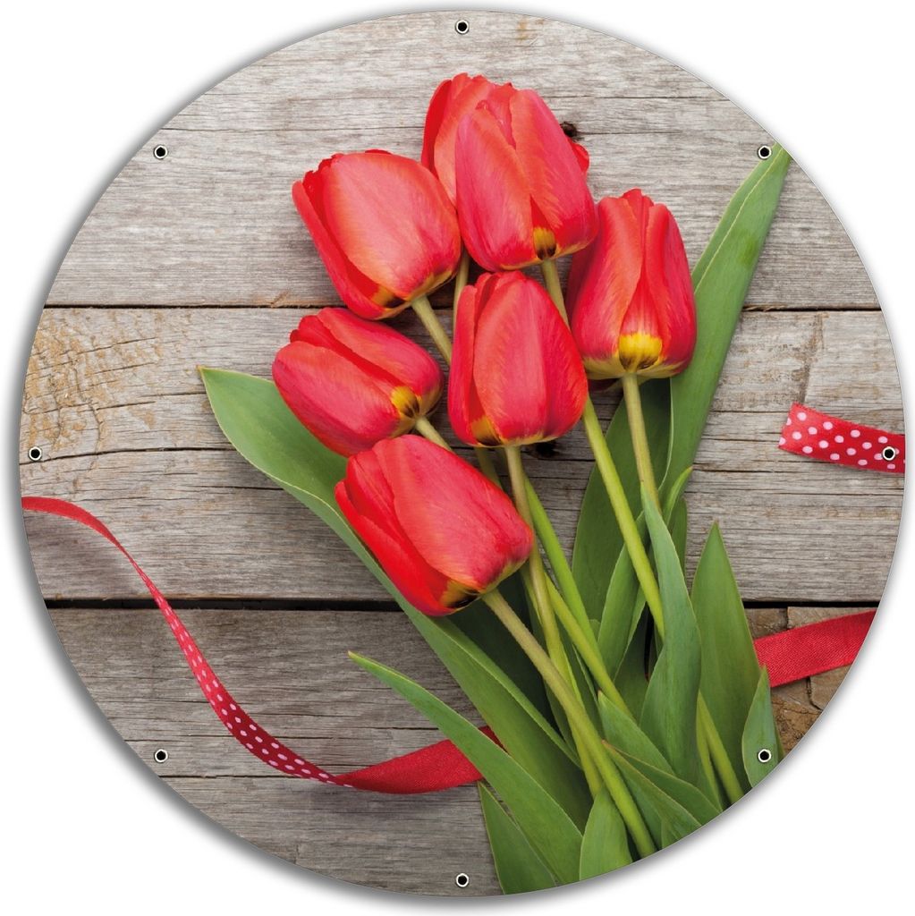 Wallario rundes Outdoor-Poster für Garten oder Balkon, Motiv Rote Tulpen auf einem alten Holztisch, 60 cm Durchmesser