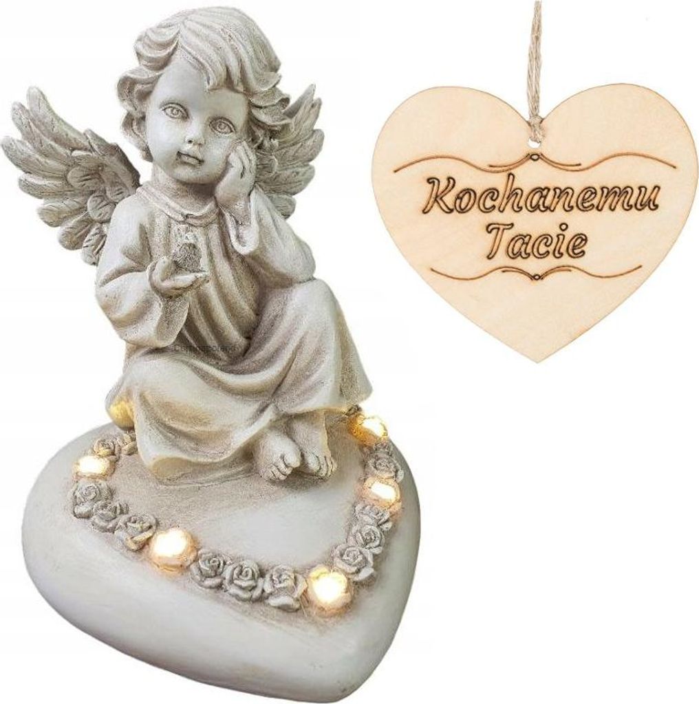 Kerze ENGEL auf Herz sitzend, mit LED beleuchtet, für PAPAs Grab, 18 CM